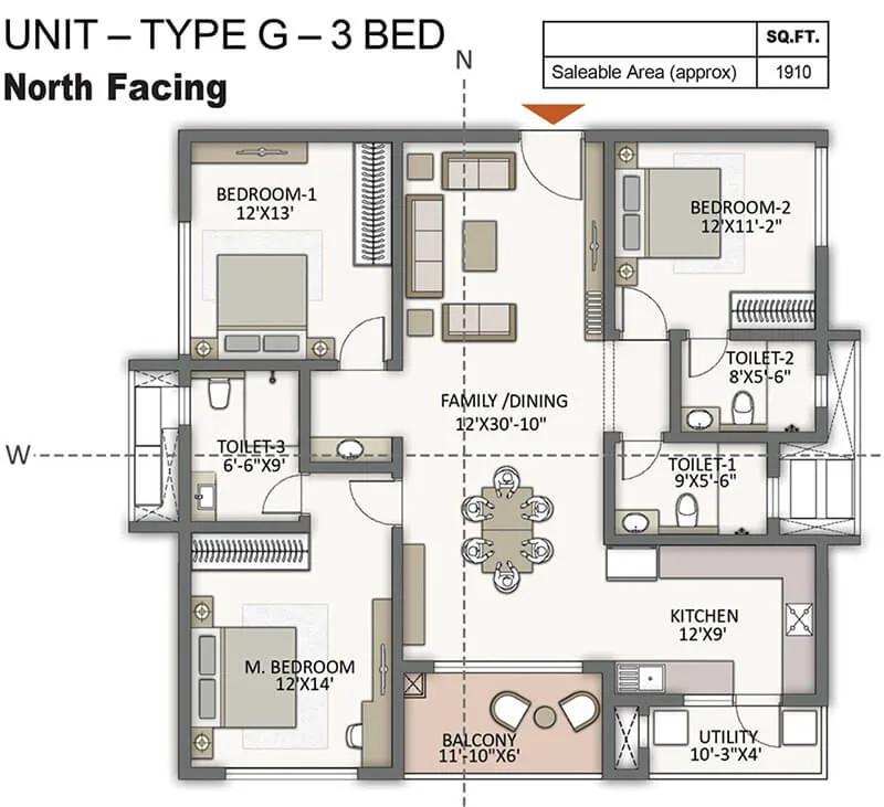 Prestige City Hyderabad Apartments 3 BHK floor plan, about 1,910 sq ft