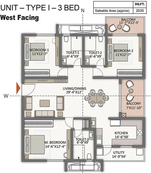 Prestige City Hyderabad Apartments 3 BHK floor plan, about 2,035 sq ft