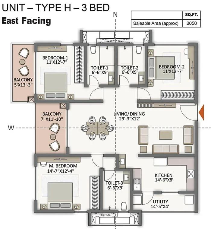 Prestige City Hyderabad Apartments 3 BHK floor plan, about 2,050 sq ft
