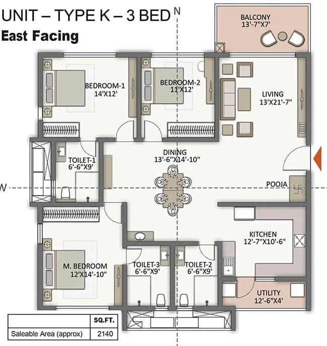 Prestige City Hyderabad Apartments 3 BHK floor plan, about 2,140 sq ft