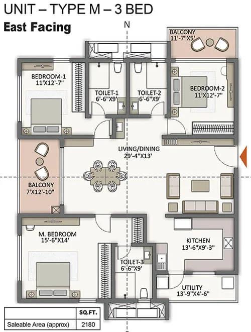 Prestige City Hyderabad Apartments 3 BHK floor plan, about 2,180 sq ft