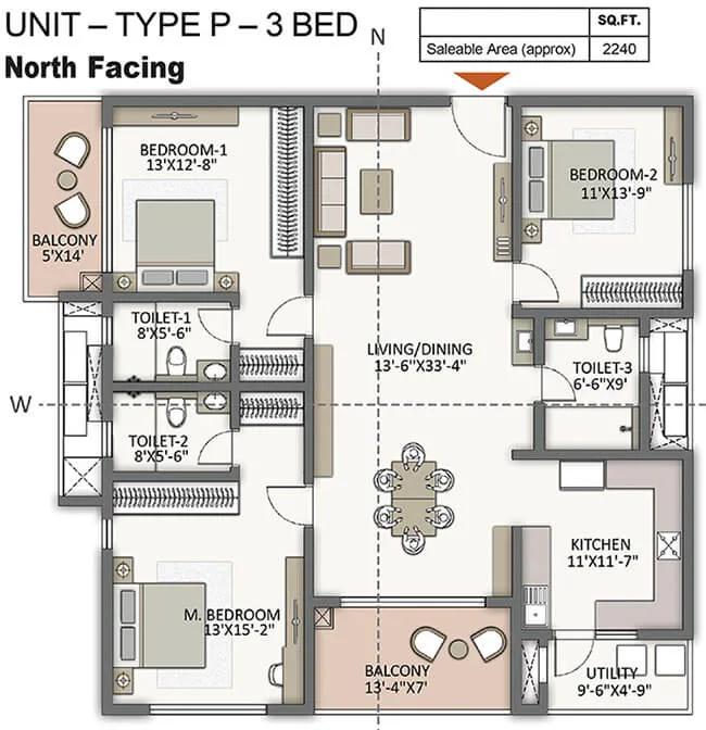 Prestige City Hyderabad Apartments 3 BHK floor plan, about 2,240 sq ft