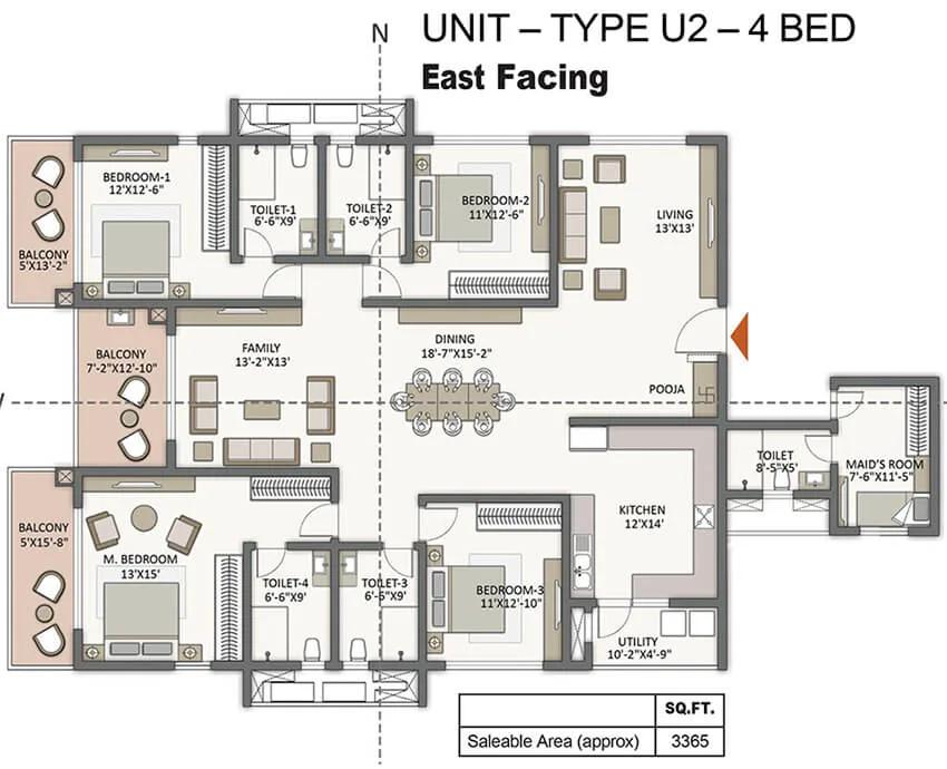 Prestige City Hyderabad Apartments 4 BHK floor plan, about 3,365 sq ft