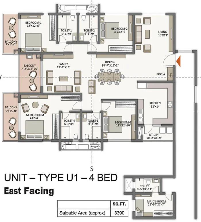 Prestige City Hyderabad Apartments 4 BHK floor plan, about 3,390 sq ft