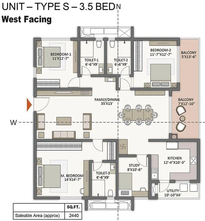 Prestige City Hyderabad Apartments 3.5 BHK floor plan, about 2,440 sq ft