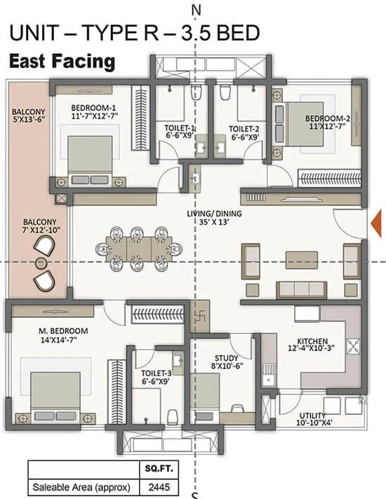 Prestige City Hyderabad Apartments 3.5 BHK floor plan, about 2,445 sq ft
