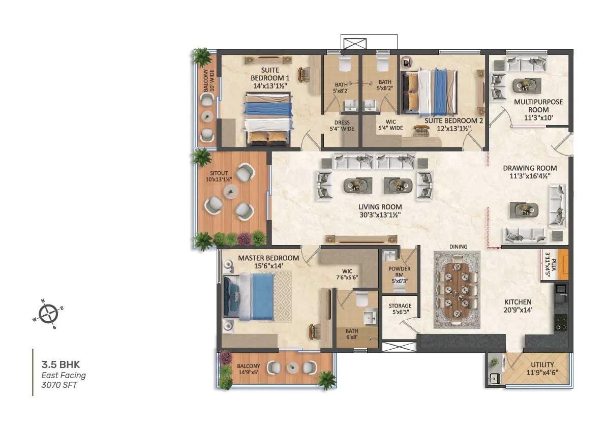 SRIAS iWA 3.5 BHK floor plan, about 3,070 sq ft