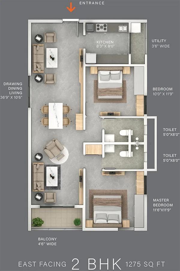 The Line 2 BHK floor plan, about 1,275 sq ft