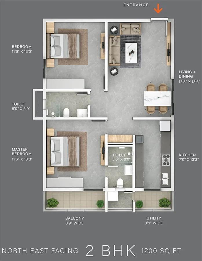 The Line 2 BHK floor plan, about 1,200 sq ft