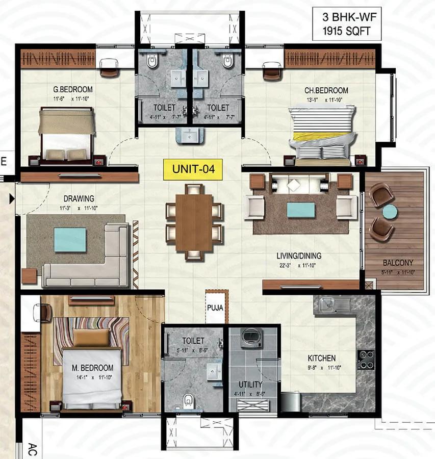 Wave by Raghava 3 BHK floor plan, about 1,915 sq ft