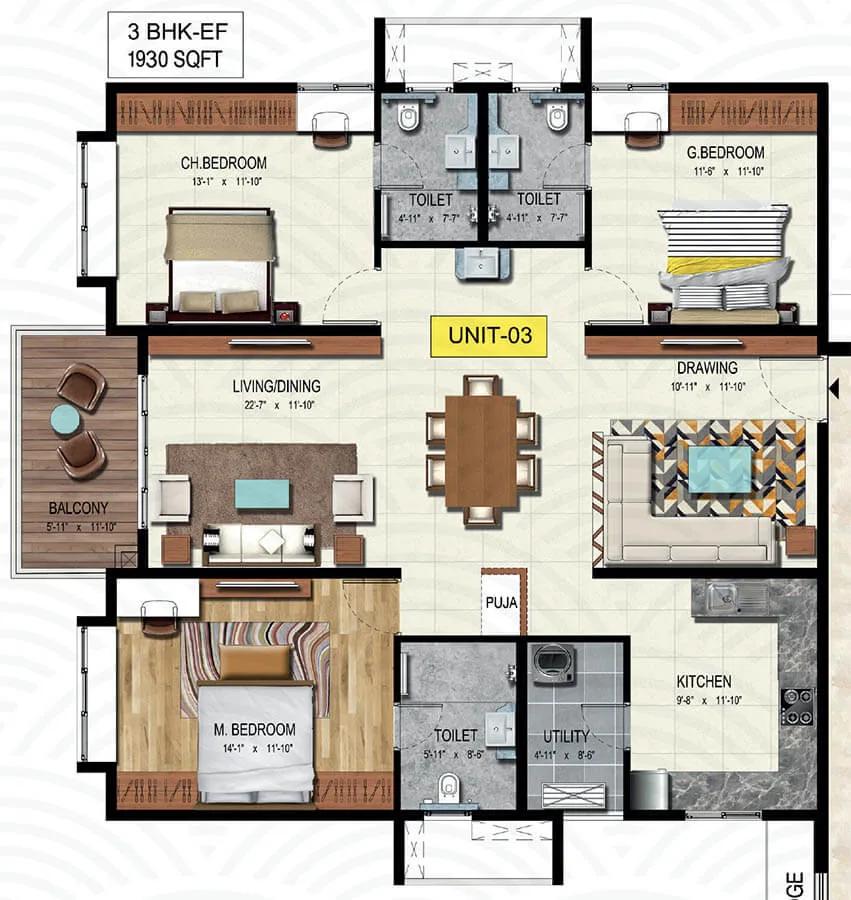 Wave by Raghava 3 BHK floor plan, about 1,930 sq ft