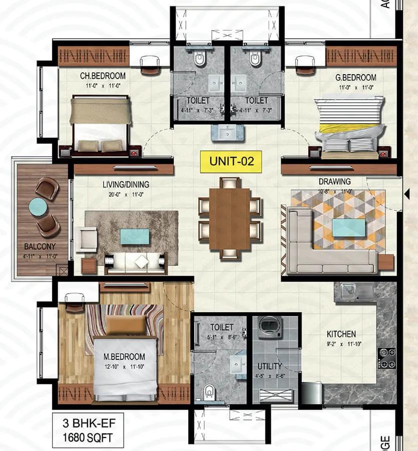 Wave by Raghava 3 BHK floor plan, about 1,680 sq ft