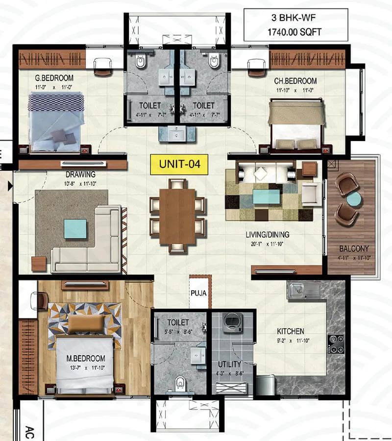 Wave by Raghava 3 BHK floor plan, about 1,740 sq ft
