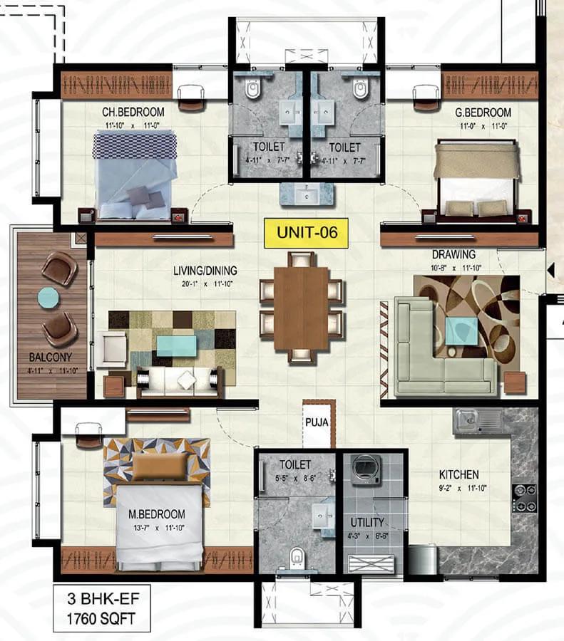 Wave by Raghava 3 BHK floor plan, about 1,760 sq ft