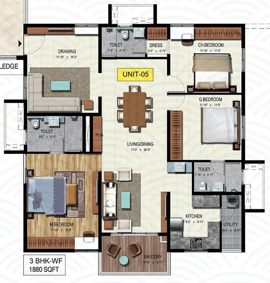 Wave by Raghava 3 BHK floor plan, about 1,880 sq ft