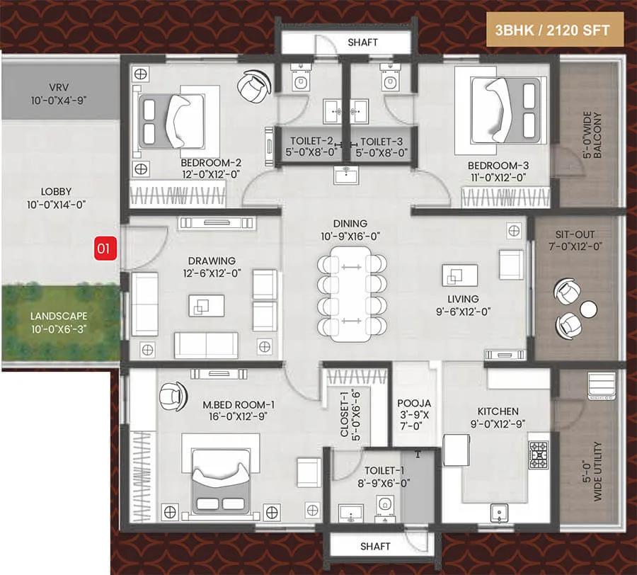 Team4 Arka 3 BHK floor plan, about 2,120 sq ft