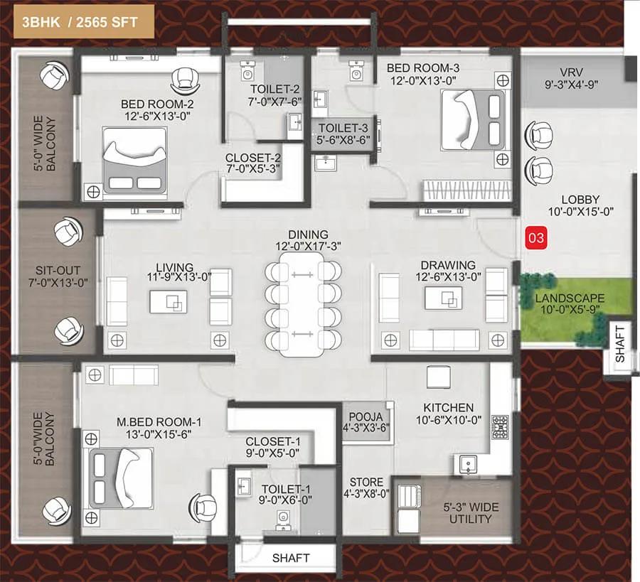 Team4 Arka 3 BHK floor plan, about 2,565 sq ft
