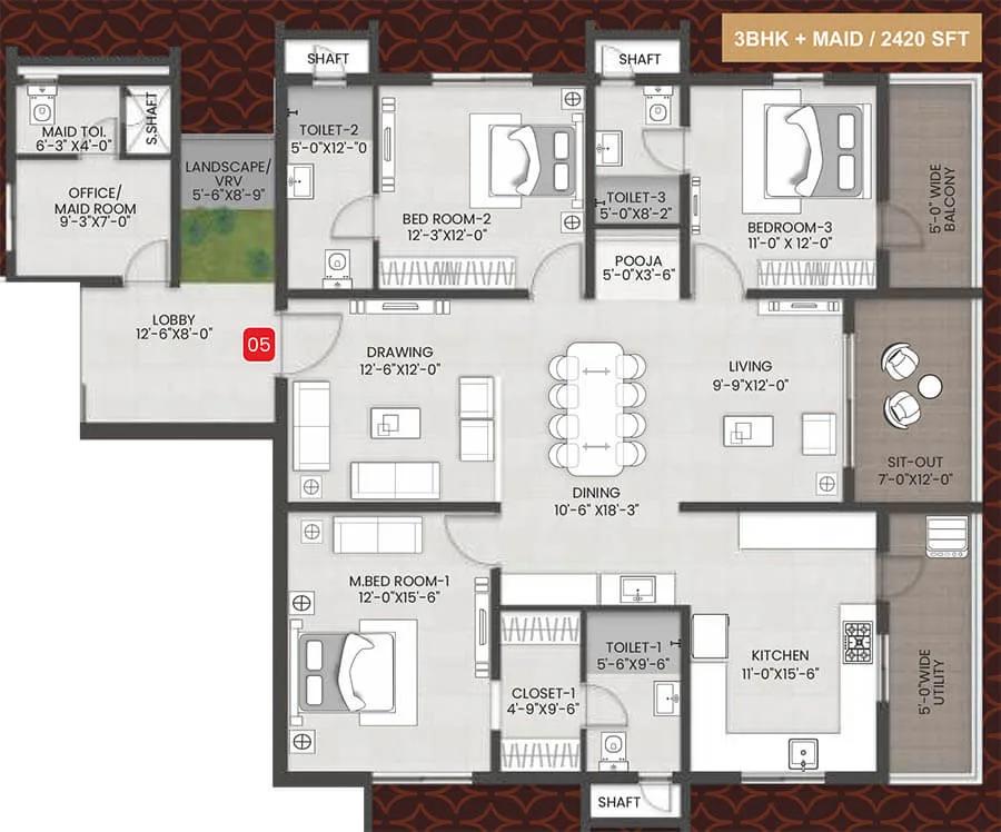 Team4 Arka 3 BHK floor plan, about 2,420 sq ft