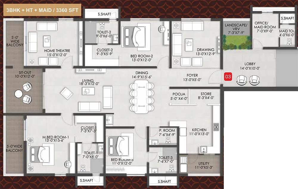 Team4 Arka 3 BHK floor plan, about 3,360 sq ft