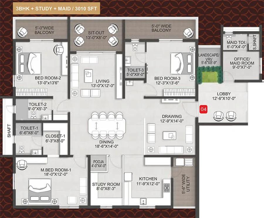 Team4 Arka 3 BHK floor plan, about 3,010 sq ft