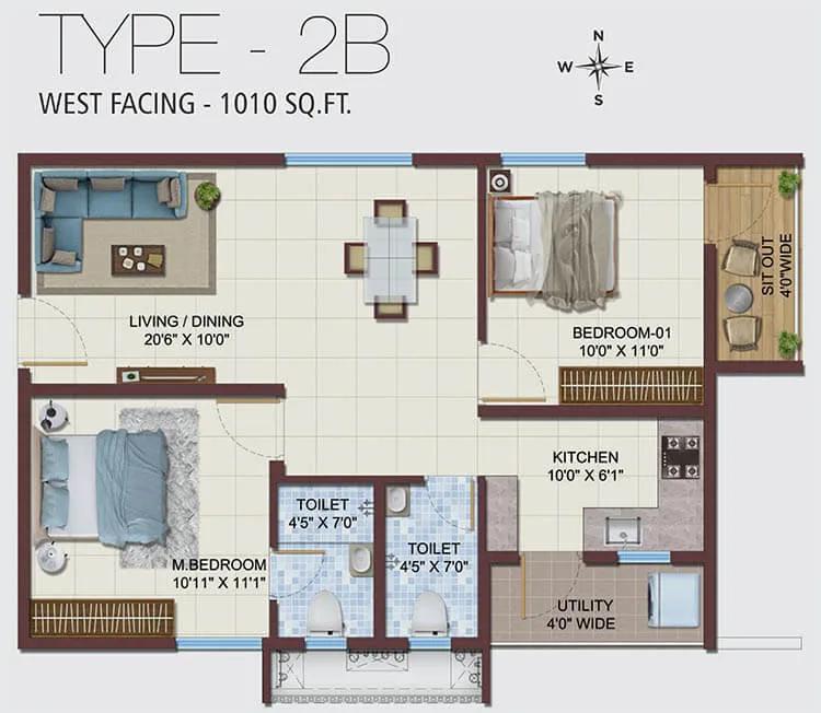 Ramky Nextown 2 BHK floor plan, about 1,010 sq ft