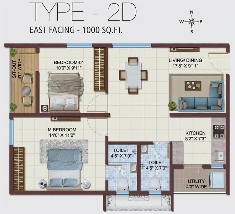 Ramky Nextown 2 BHK floor plan, about 1,000 sq ft