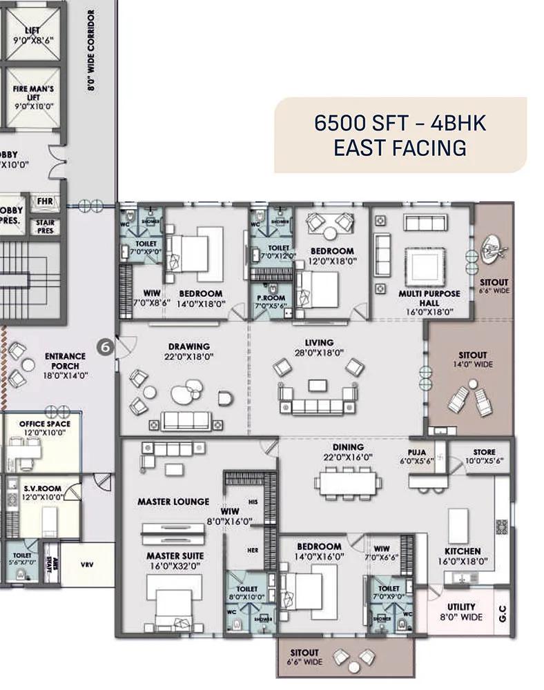 Vamsiram Newmark 4 BHK floor plan, about 6,500 sq ft