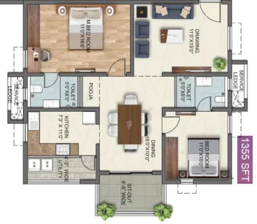 Anvita High9 2 BHK floor plan, about 1,355 sq ft