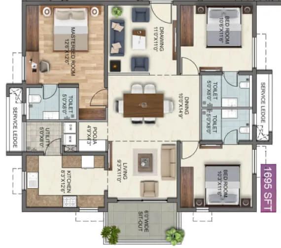 Anvita High9 3 BHK floor plan, about 1,695 sq ft