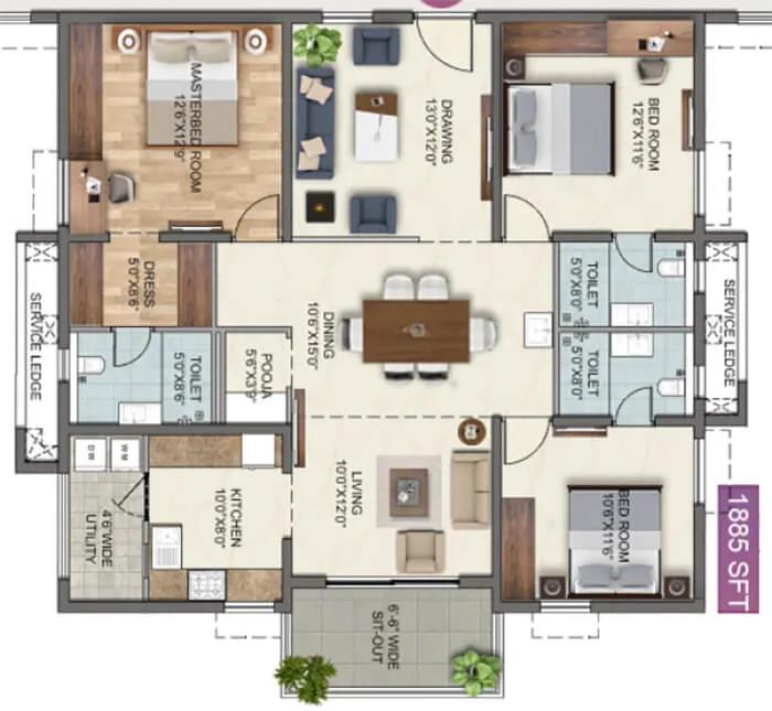 Anvita High9 3 BHK floor plan, about 1,885 sq ft