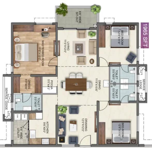 Anvita High9 3 BHK floor plan, about 1,965 sq ft