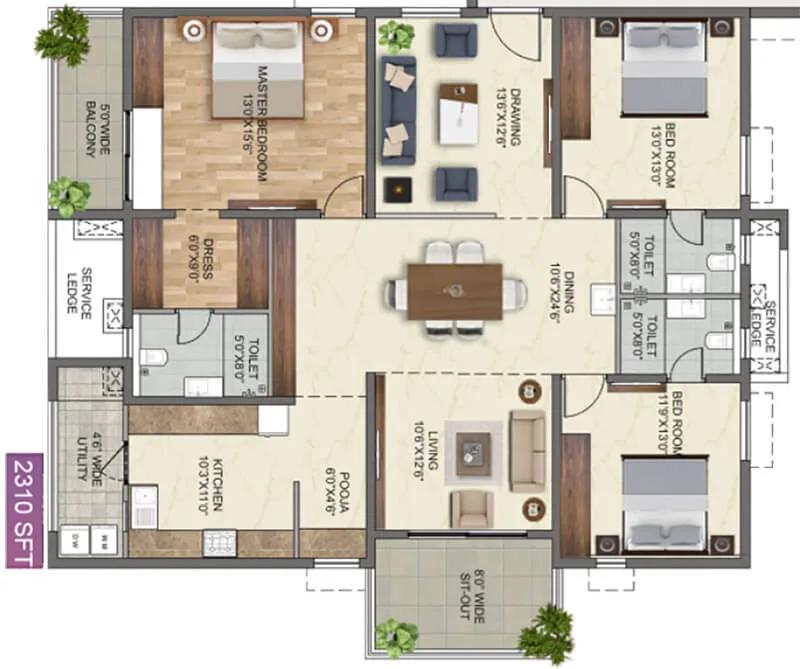 Anvita High9 3 BHK floor plan, about 2,310 sq ft
