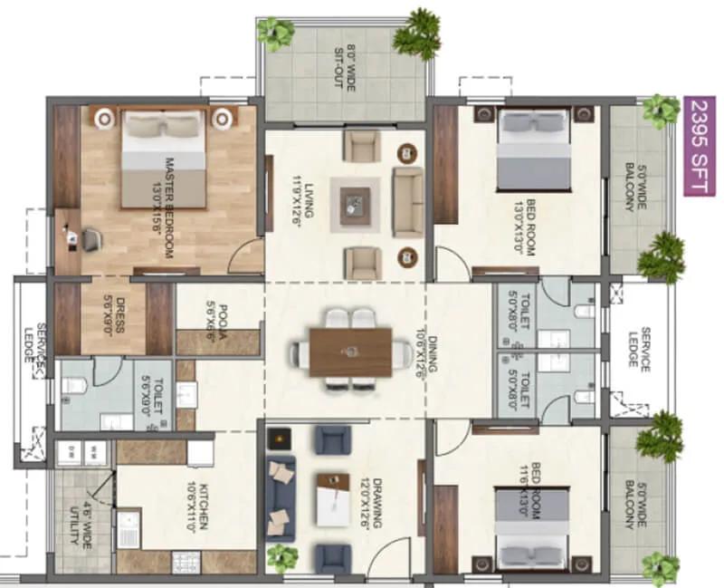 Anvita High9 3 BHK floor plan, about 2,395 sq ft