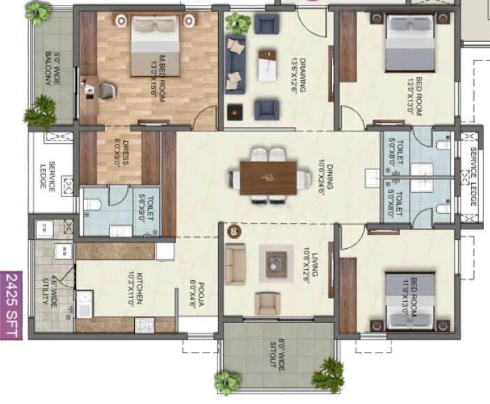 Anvita High9 3 BHK floor plan, about 2,425 sq ft