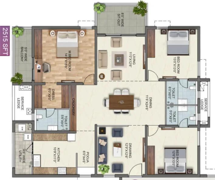 Anvita High9 3 BHK floor plan, about 2,515 sq ft