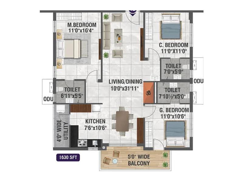 Bhanodaya Crystal 3 BHK floor plan, about 1,630 sq ft