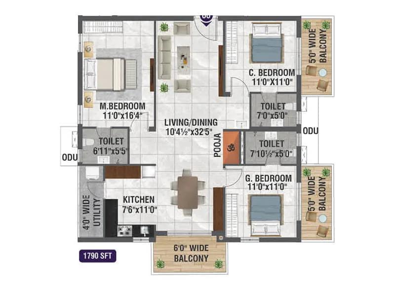 Bhanodaya Crystal 3 BHK floor plan, about 1,790 sq ft