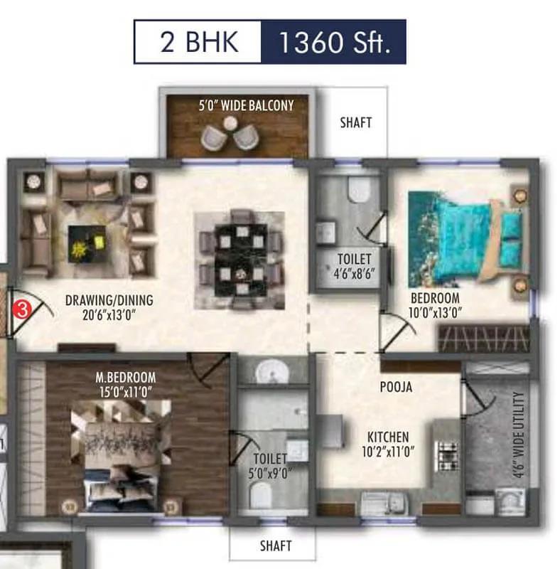 Vertex 33 West 2 BHK floor plan, about 1,360 sq ft