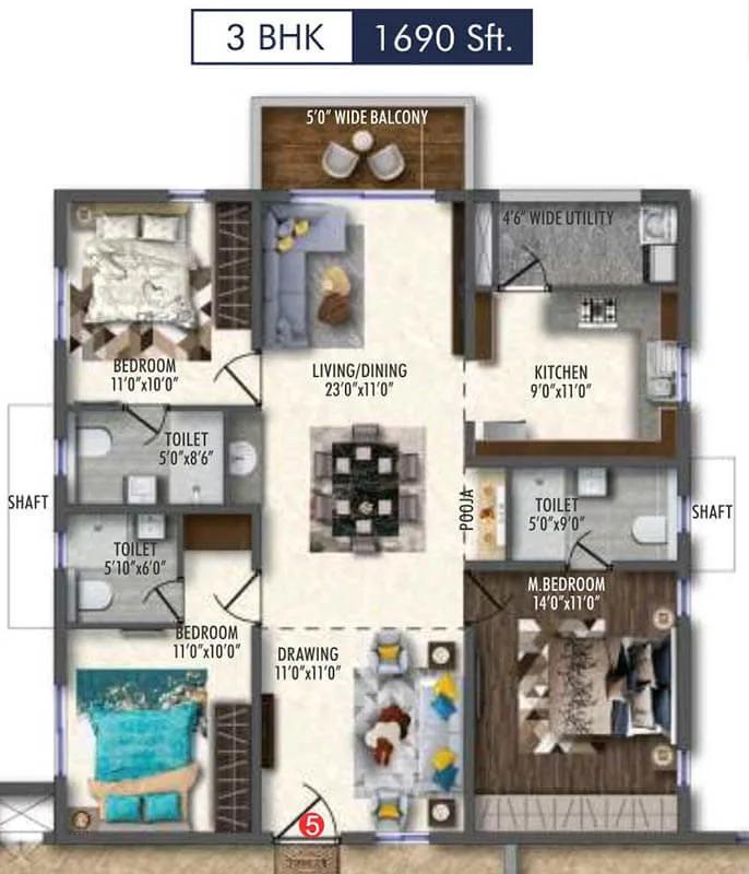 Vertex 33 West 3 BHK floor plan, about 1,690 sq ft