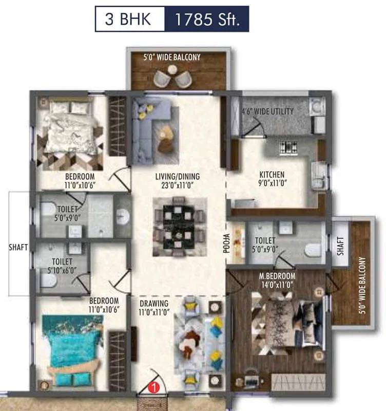 Vertex 33 West 3 BHK floor plan, about 1,785 sq ft