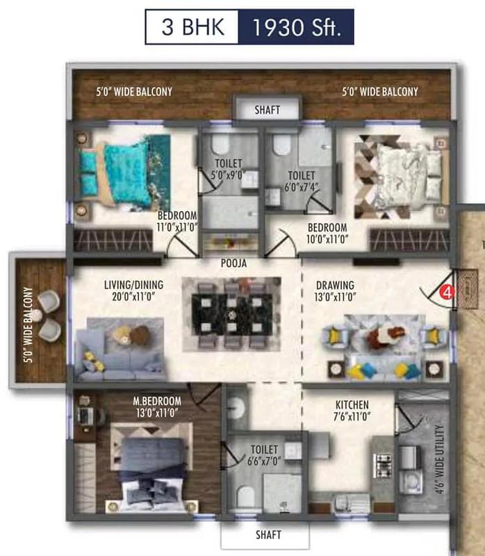 Vertex 33 West 3 BHK floor plan, about 1,930 sq ft