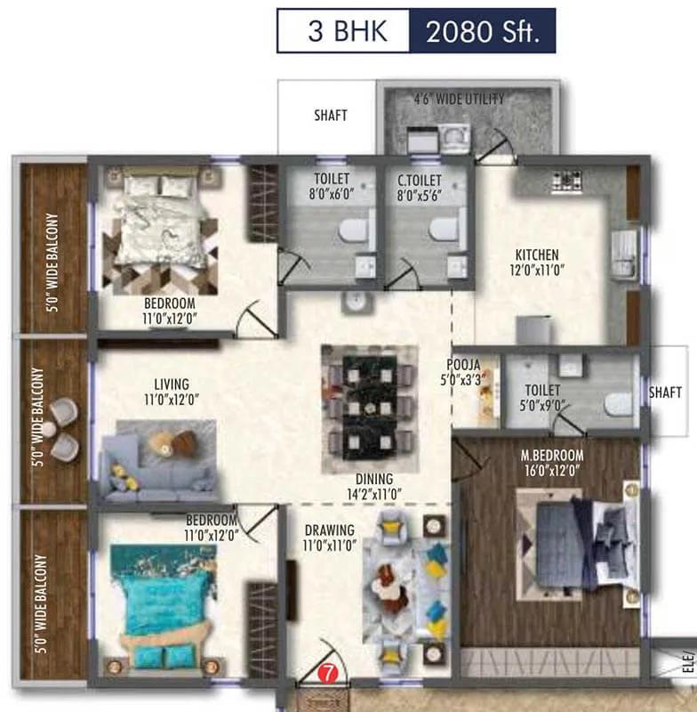 Vertex 33 West 3 BHK floor plan, about 2,080 sq ft