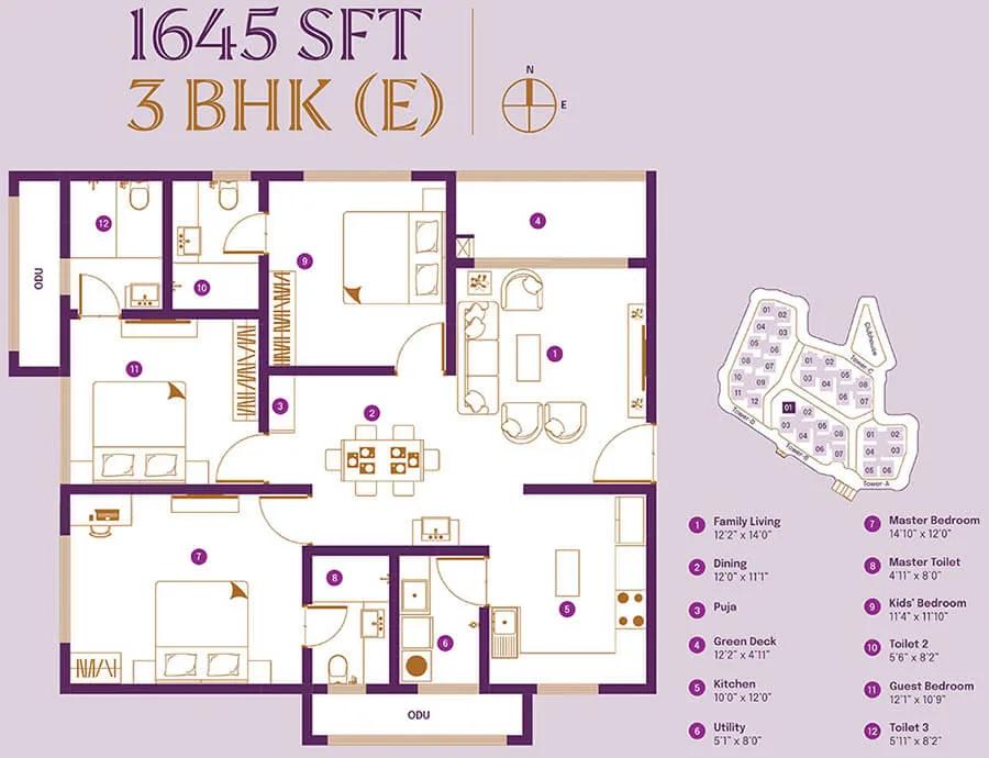 ASBL Landmark 3 BHK floor plan, about 1,645 sq ft