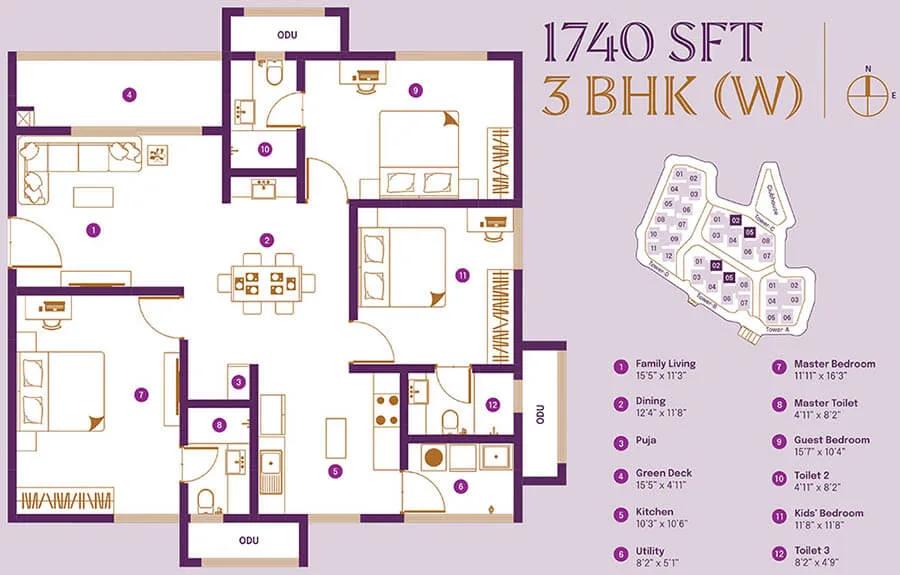 ASBL Landmark 3 BHK floor plan, about 1,740 sq ft