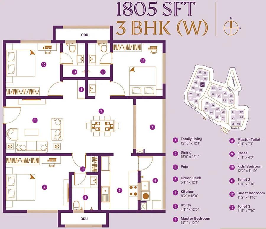 ASBL Landmark 3 BHK floor plan, about 1,805 sq ft