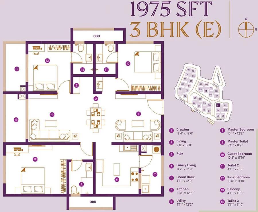 ASBL Landmark 3 BHK floor plan, about 1,975 sq ft