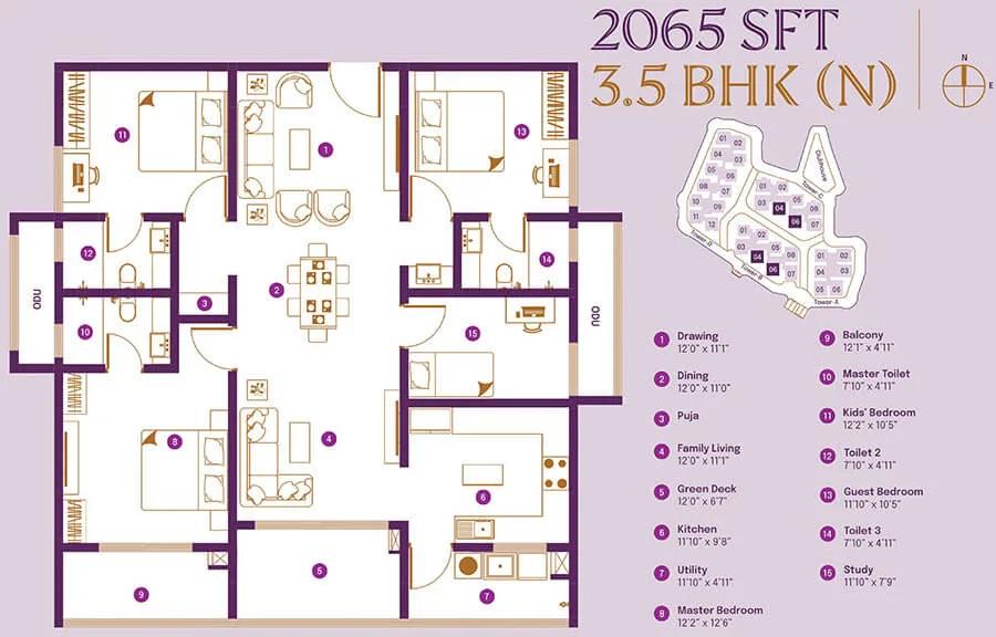 ASBL Landmark 3.5 BHK floor plan, about 2,065 sq ft