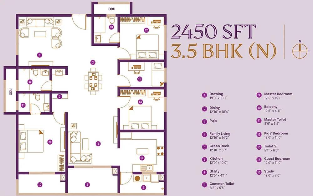 ASBL Landmark 3.5 BHK floor plan, about 2,450 sq ft