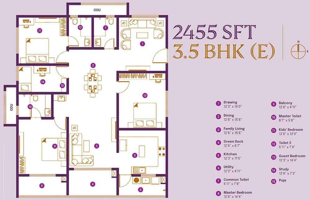 ASBL Landmark 3.5 BHK floor plan, about 2,455 sq ft