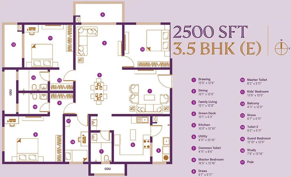ASBL Landmark 3.5 BHK floor plan, about 2,500 sq ft